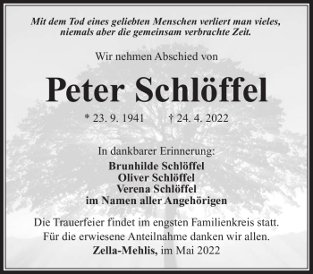 Traueranzeige von Peter Schlöffel von Südthüringer Presse