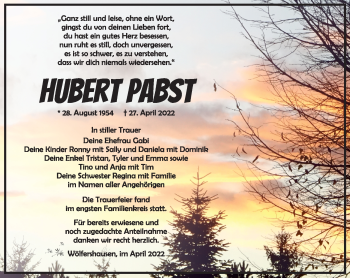 Traueranzeige von Hubert Pabst von Südthüringer Presse
