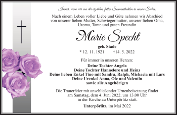 Traueranzeige von Marie Specht von Südthüringer Presse