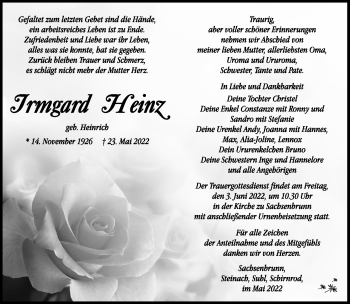 Traueranzeige von Irmgard Heinz von Südthüringer Presse
