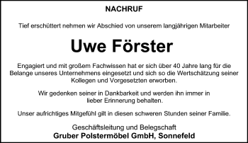 Traueranzeige von Uwe Förster von Neue Presse Coburg