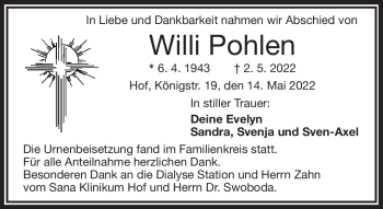 Traueranzeige von Willi Pohlen von Frankenpost