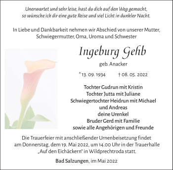 Traueranzeige von Ingeburg Gehb von Südthüringer Presse