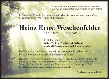 Traueranzeige von Heinz Ernst Weschenfelder von Südthüringer Presse