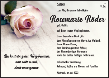 Traueranzeige von Rosemarie Röder von Südthüringer Presse