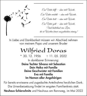 Traueranzeige von Wilfried Doras von Südthüringer Presse