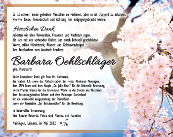 Traueranzeige von Barbara Oehlschläger von Südthüringer Presse