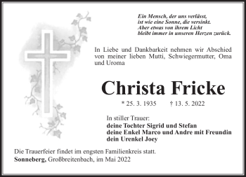 Traueranzeige von Christa Fricke von Südthüringer Presse
