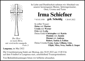 Traueranzeige von Irma Schiefner von Neue Presse Coburg