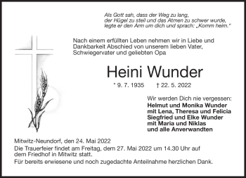 Traueranzeige von Heini Wunder von Neue Presse Coburg