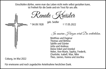 Traueranzeige von Renate Kreisler von Neue Presse Coburg