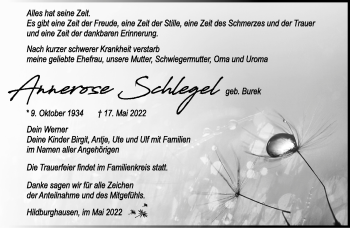 Traueranzeige von Annerose Schlegel von Südthüringer Presse