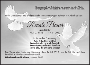 Traueranzeige von Renate Bauer von Südthüringer Presse