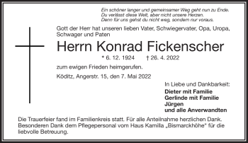 Traueranzeige von Konrad Fickenscher von Frankenpost