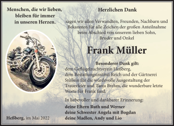 Traueranzeige von Frank Müller von Südthüringer Presse