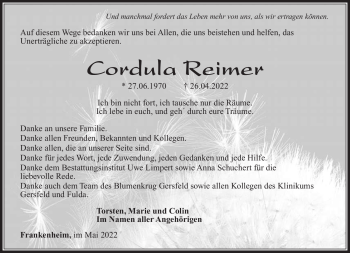 Traueranzeige von Cordula Reimer von Südthüringer Presse