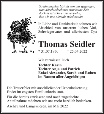 Traueranzeige von Thomas Seidler von Südthüringer Presse