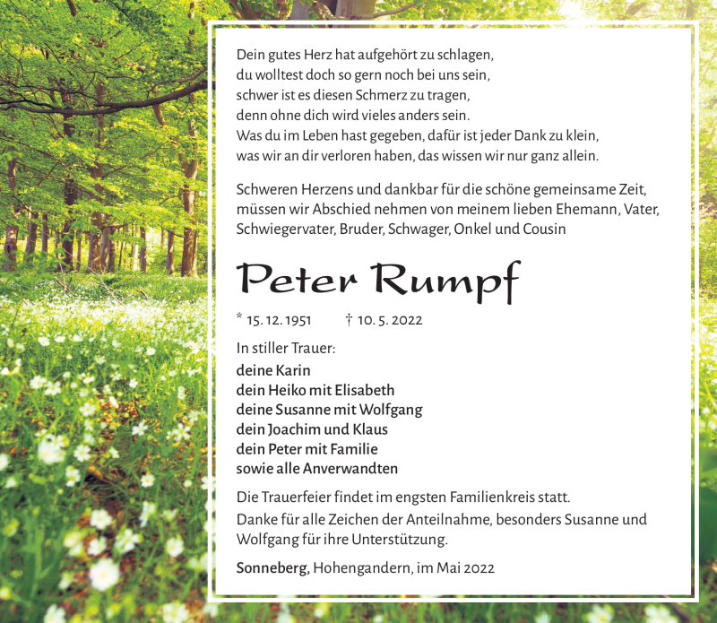  Traueranzeige für Peter Rumpf vom 28.05.2022 aus Südthüringer Presse
