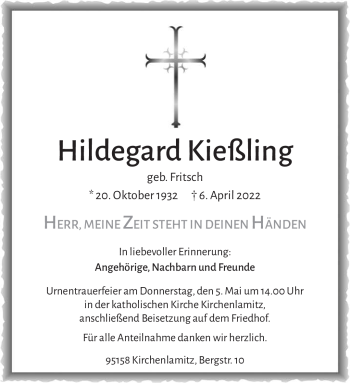 Traueranzeige von Hildegard Kießling von Frankenpost