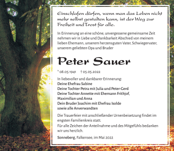 Traueranzeige von Peter Sauer von Südthüringer Presse