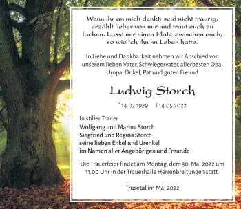 Traueranzeige von Ludwig Storch von Südthüringer Presse