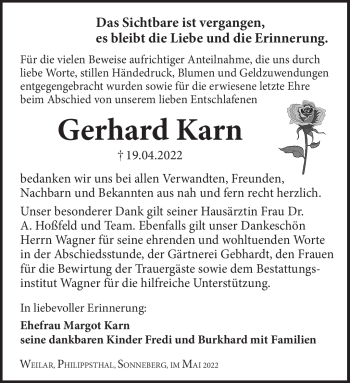 Traueranzeige von Gerhard Karn von Südthüringer Presse