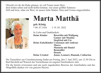 Traueranzeige von Marta Matthä von Südthüringer Presse