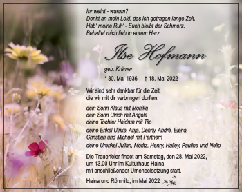 Traueranzeige von Ilse Hofmann von Südthüringer Presse