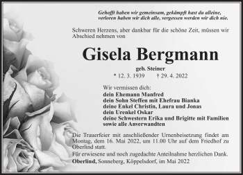 Traueranzeige von Gisela Bergmann von Südthüringer Presse