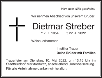 Traueranzeige von Dietmar Streber von Frankenpost