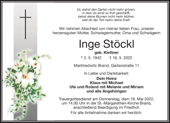 Traueranzeige von Inge Stöckl von Frankenpost
