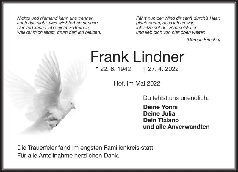  Traueranzeige für Frank Lindner vom 07.05.2022 aus Frankenpost