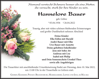 Traueranzeige von Hannelore Bauer von Südthüringer Presse