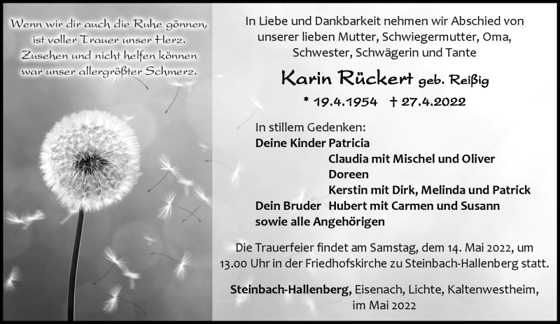  Traueranzeige für Karin Rückert vom 07.05.2022 aus Südthüringer Presse