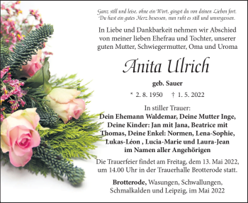 Traueranzeige von Anita Ulrich von Südthüringer Presse