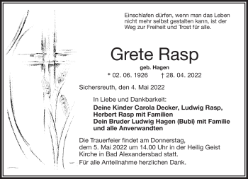 Traueranzeige von Grete Rasp von Frankenpost