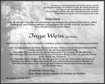 Traueranzeige von Inge Wein von Südthüringer Presse