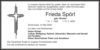 Traueranzeige von Frieda Spörl von Frankenpost