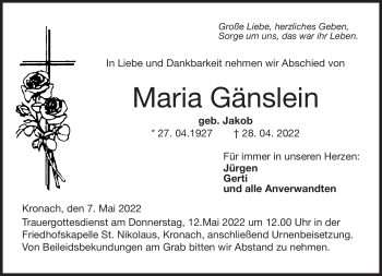Traueranzeige von Maria Gänslein von Neue Presse Coburg