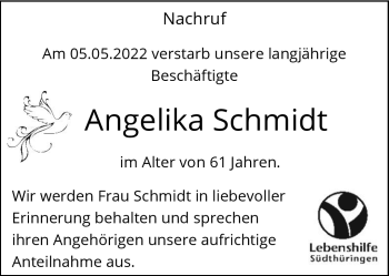Traueranzeige von Angelika Schmidt von Südthüringer Presse