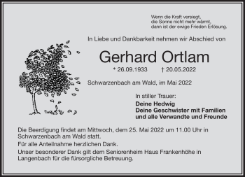 Traueranzeige von Gerhard Ortlam von Frankenpost