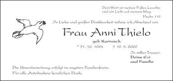 Traueranzeige von Anni Thielo von Frankenpost