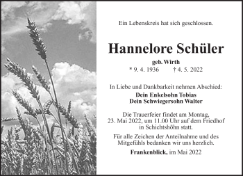 Traueranzeige von Hannelore Schüler von Südthüringer Presse