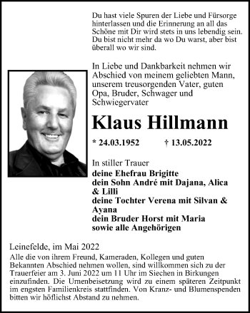 Traueranzeige von Klaus Hillmann von NEUE PRESSE COBURG