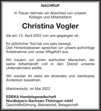 Traueranzeige von Christina Vogler von Frankenpost