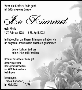 Traueranzeige von Ilse Kümmel von Südthüringer Presse