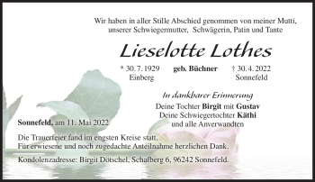 Traueranzeige von Lieselotte Lothes von Neue Presse Coburg