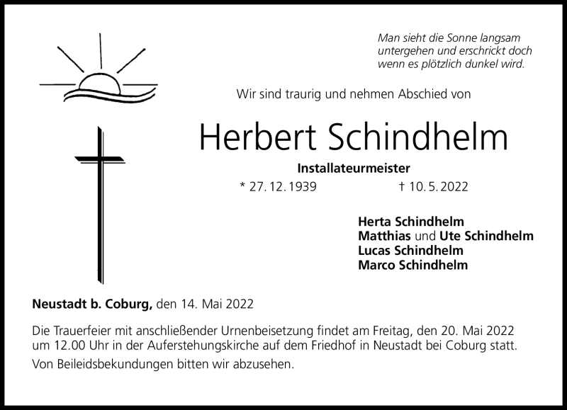  Traueranzeige für Herbert Schindhelm vom 14.05.2022 aus Neue Presse Coburg