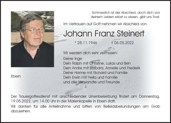 Traueranzeige von Johann Franz Steinert von Neue Presse Coburg