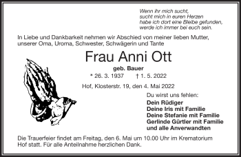 Traueranzeige von Anni Ott von Frankenpost